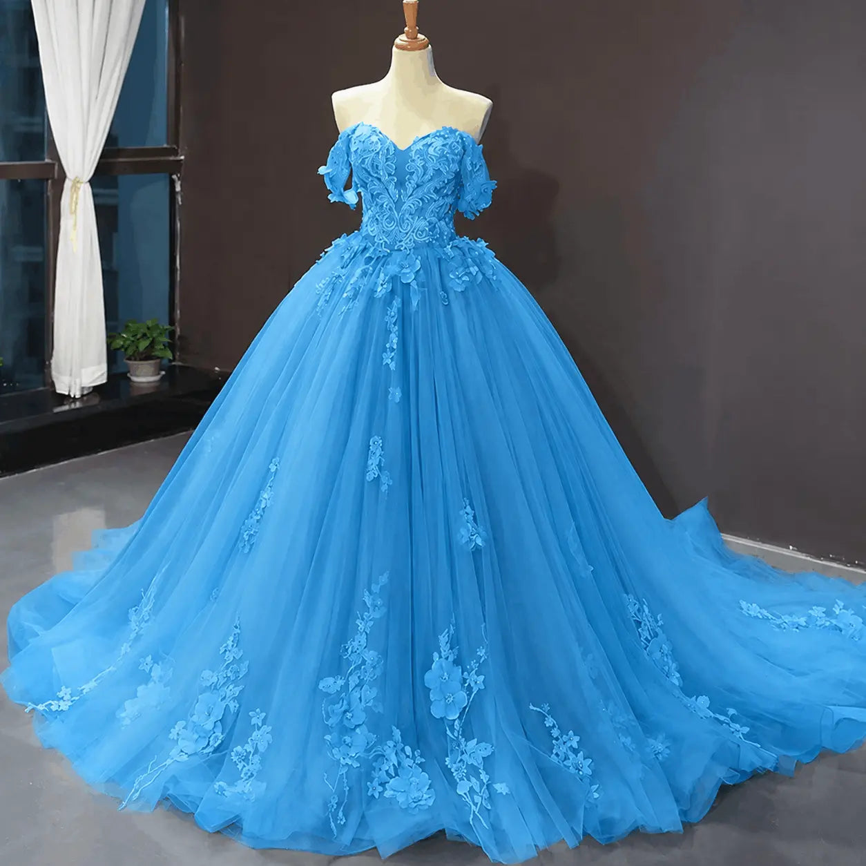 A-Line Blue Tulle Quinceanera Dress Off Shoulder Lace Ball Gown Prom Dress KAIDRESS