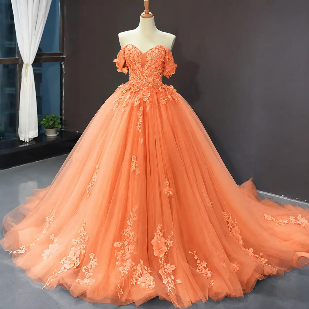 A-Line Blue Tulle Quinceanera Dress Off Shoulder Lace Ball Gown Prom Dress KAIDRESS