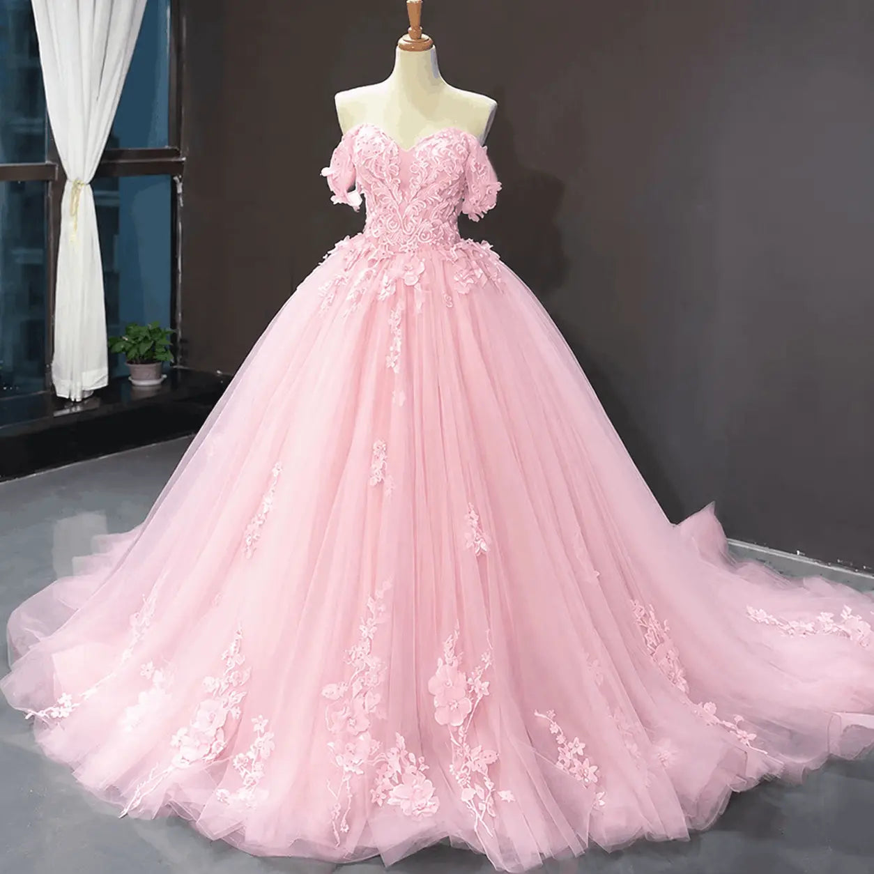 A-Line Blue Tulle Quinceanera Dress Off Shoulder Lace Ball Gown Prom Dress KAIDRESS