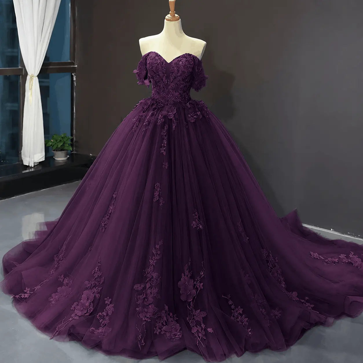 A-Line Blue Tulle Quinceanera Dress Off Shoulder Lace Ball Gown Prom Dress KAIDRESS