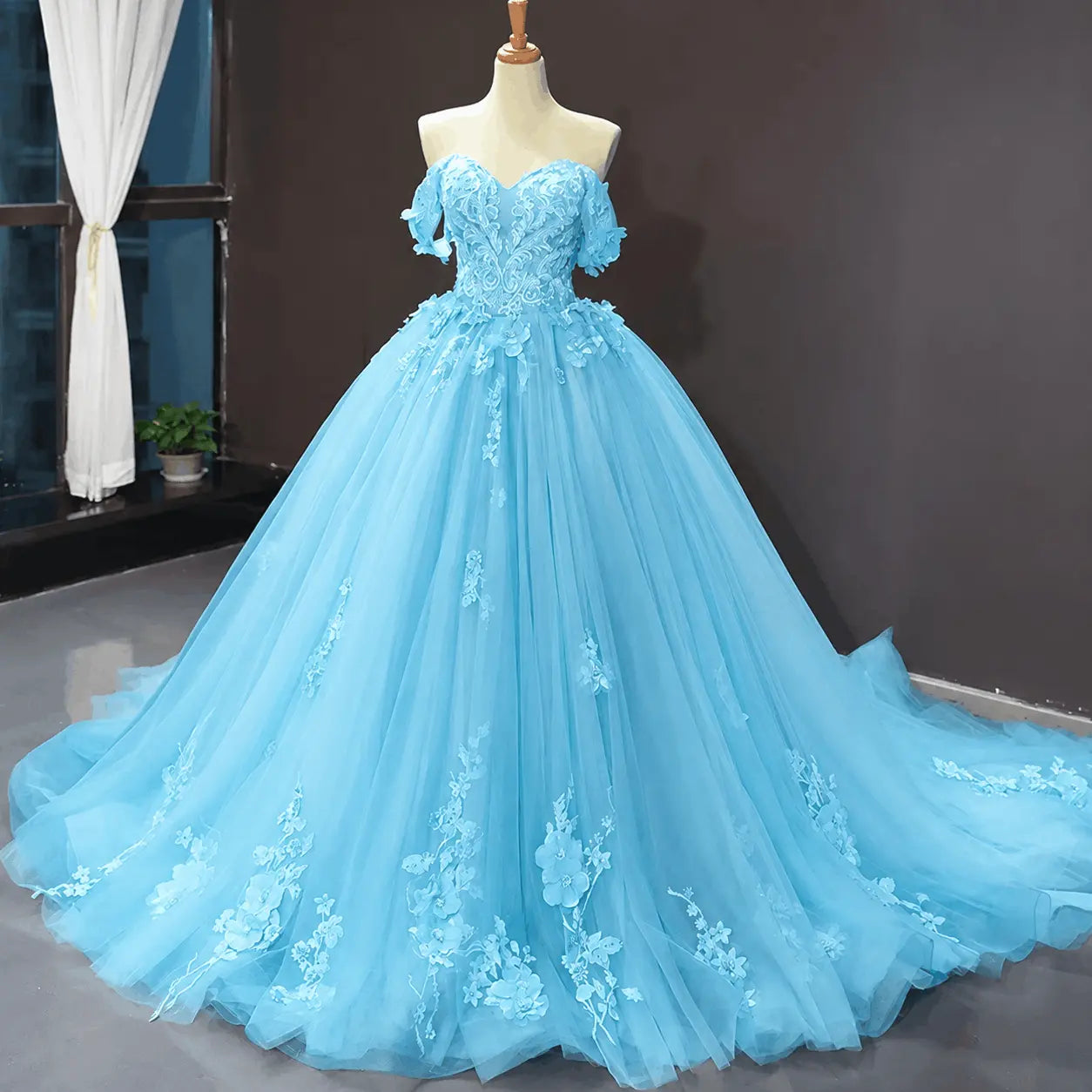 A-Line Blue Tulle Quinceanera Dress Off Shoulder Lace Ball Gown Prom Dress KAIDRESS