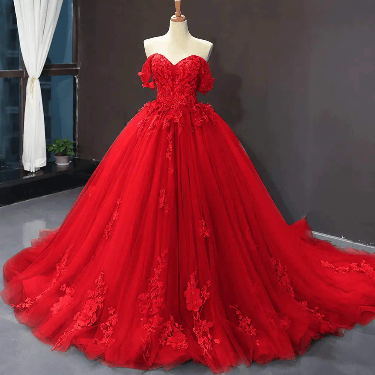 A-Line Blue Tulle Quinceanera Dress Off Shoulder Lace Ball Gown Prom Dress KAIDRESS