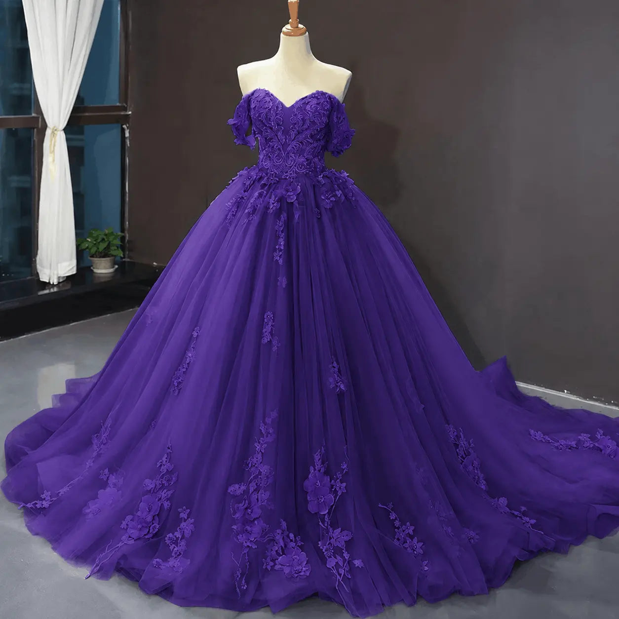 A-Line Blue Tulle Quinceanera Dress Off Shoulder Lace Ball Gown Prom Dress KAIDRESS