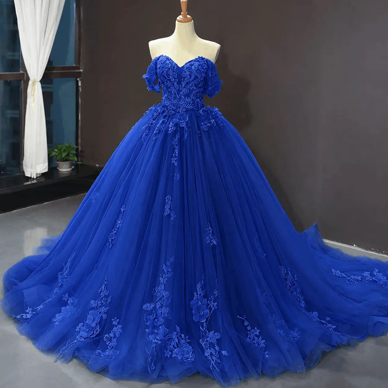A-Line Blue Tulle Quinceanera Dress Off Shoulder Lace Ball Gown Prom Dress KAIDRESS