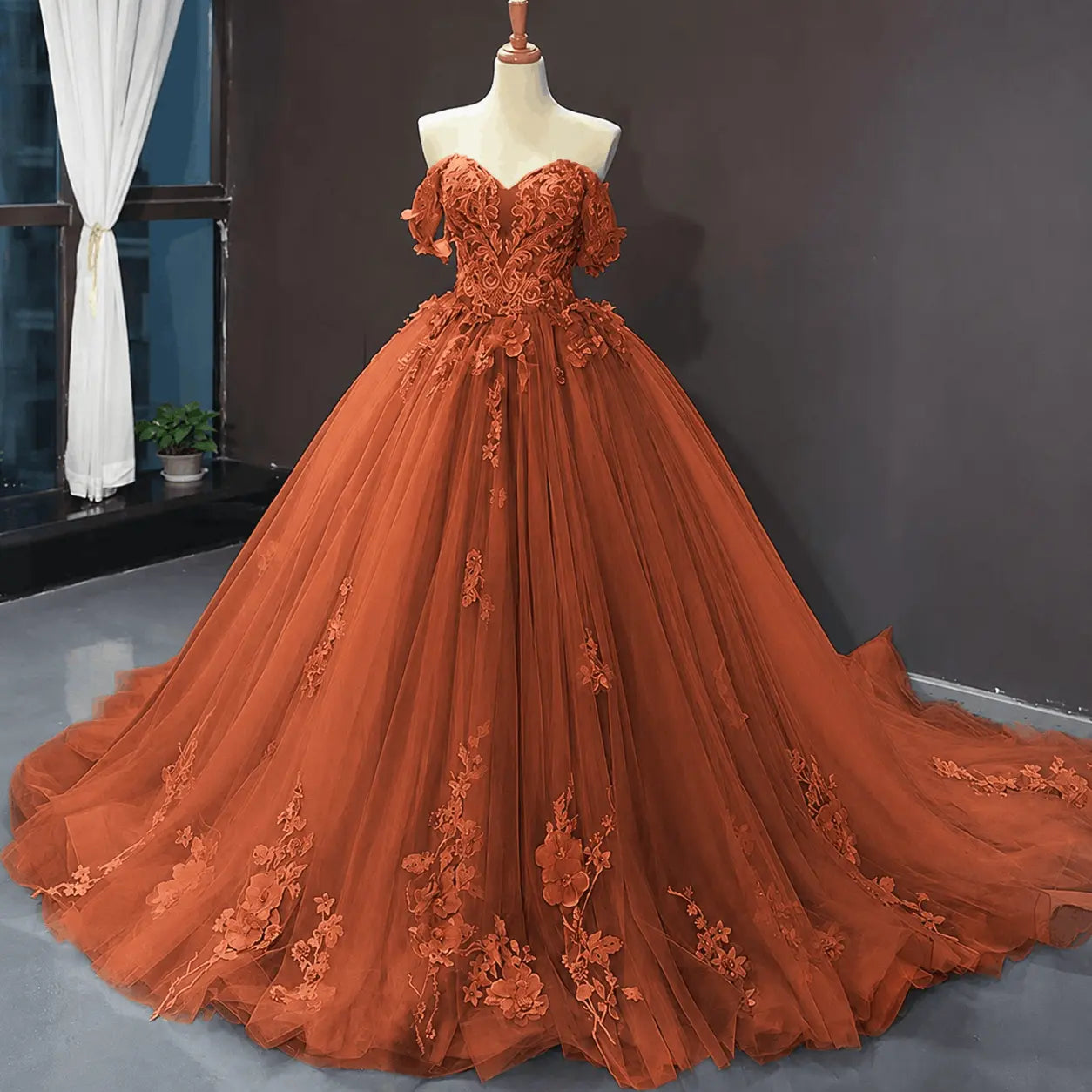 A-Line Blue Tulle Quinceanera Dress Off Shoulder Lace Ball Gown Prom Dress KAIDRESS
