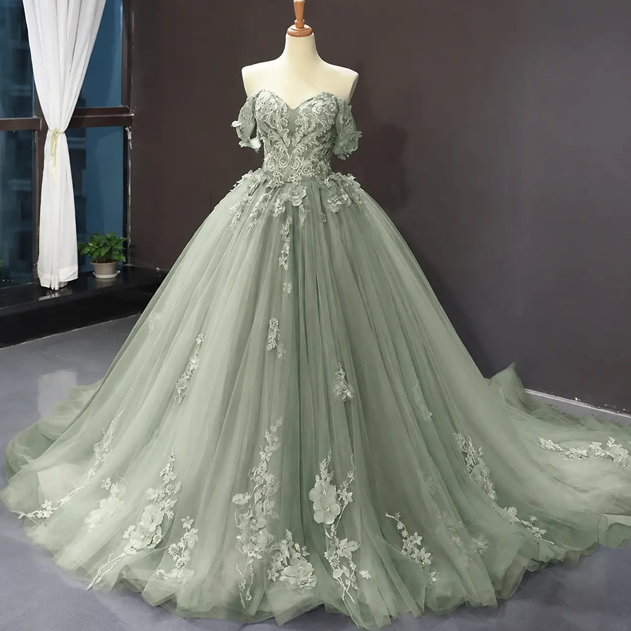 A-Line Blue Tulle Quinceanera Dress Off Shoulder Lace Ball Gown Prom Dress KAIDRESS