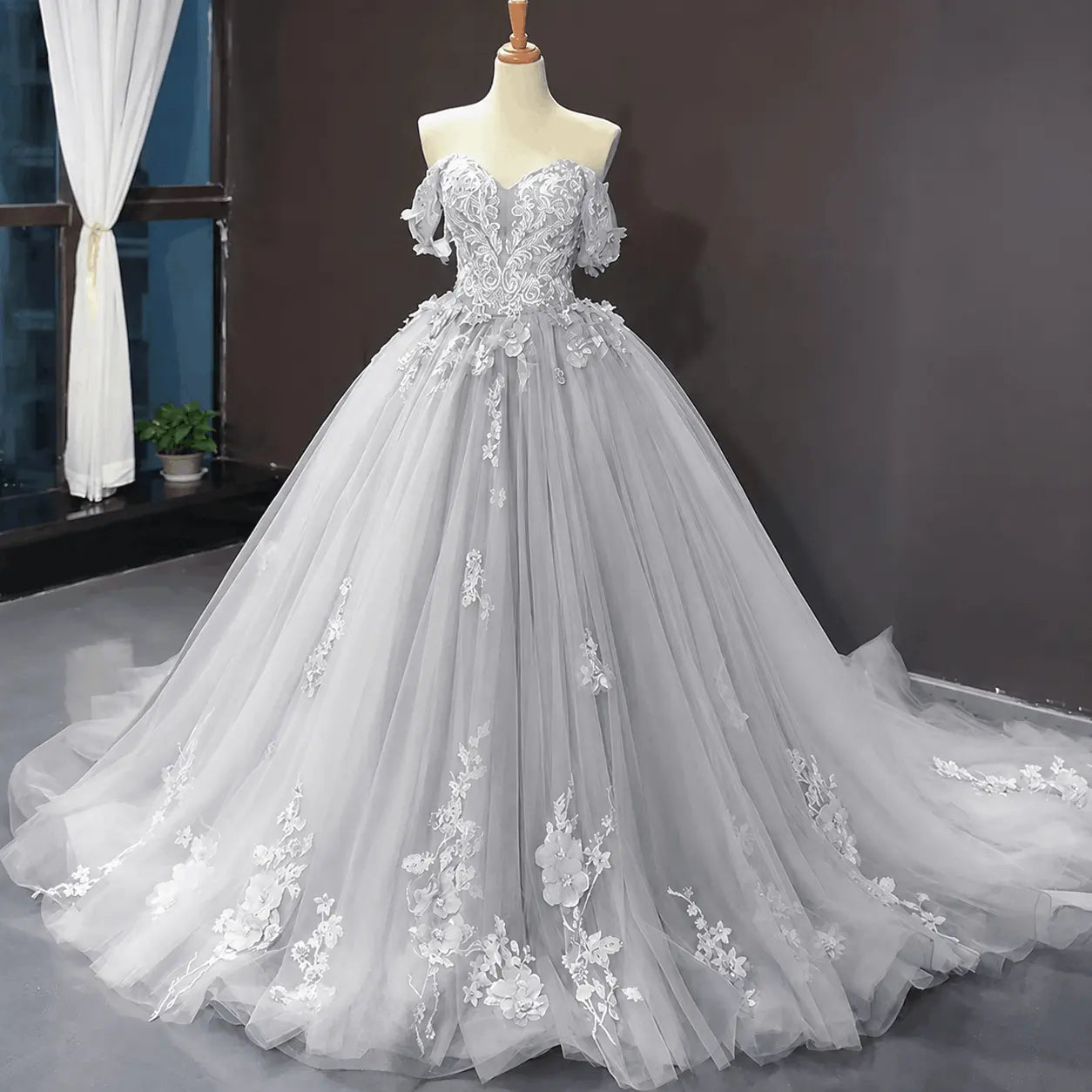 A-Line Blue Tulle Quinceanera Dress Off Shoulder Lace Ball Gown Prom Dress KAIDRESS