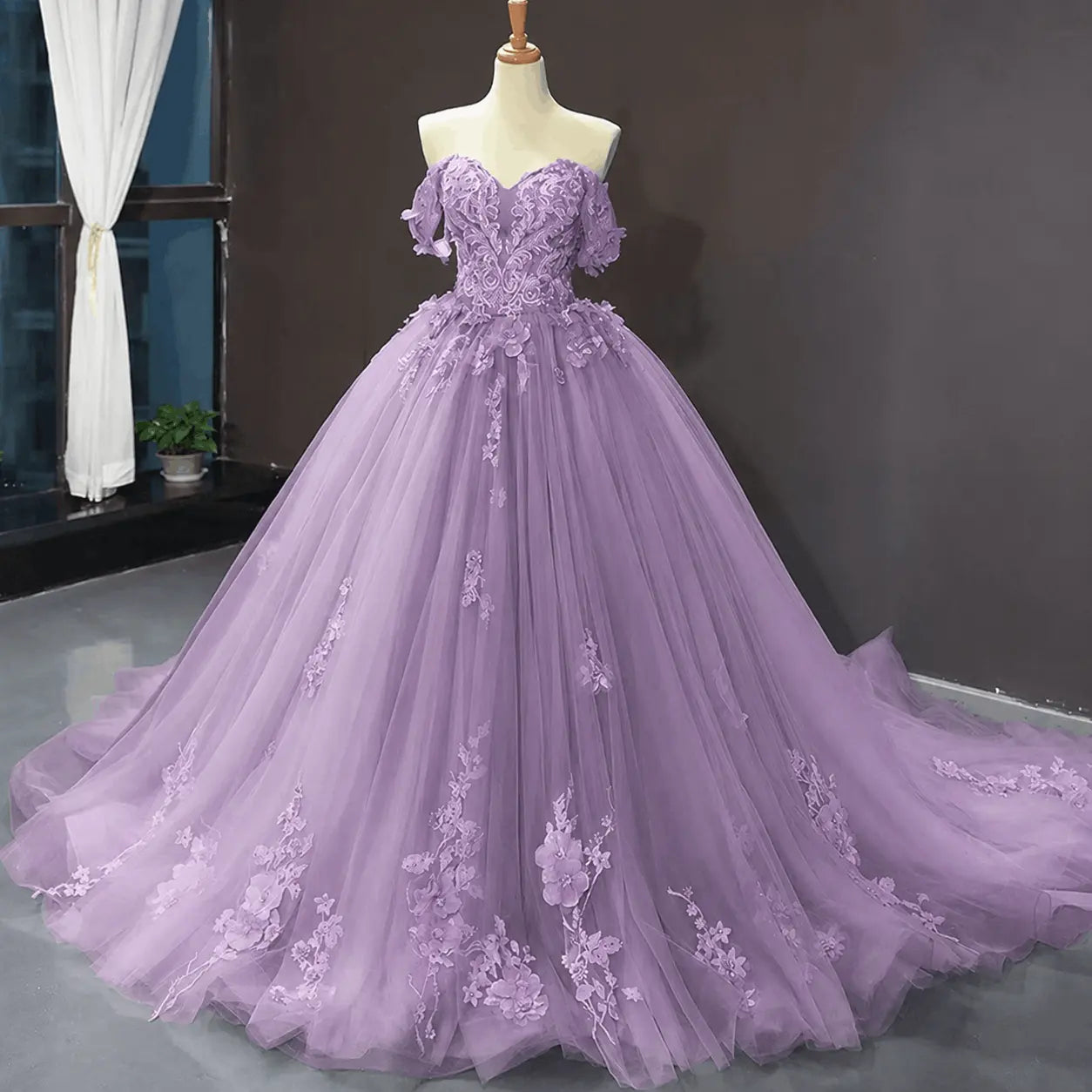 A-Line Blue Tulle Quinceanera Dress Off Shoulder Lace Ball Gown Prom Dress KAIDRESS