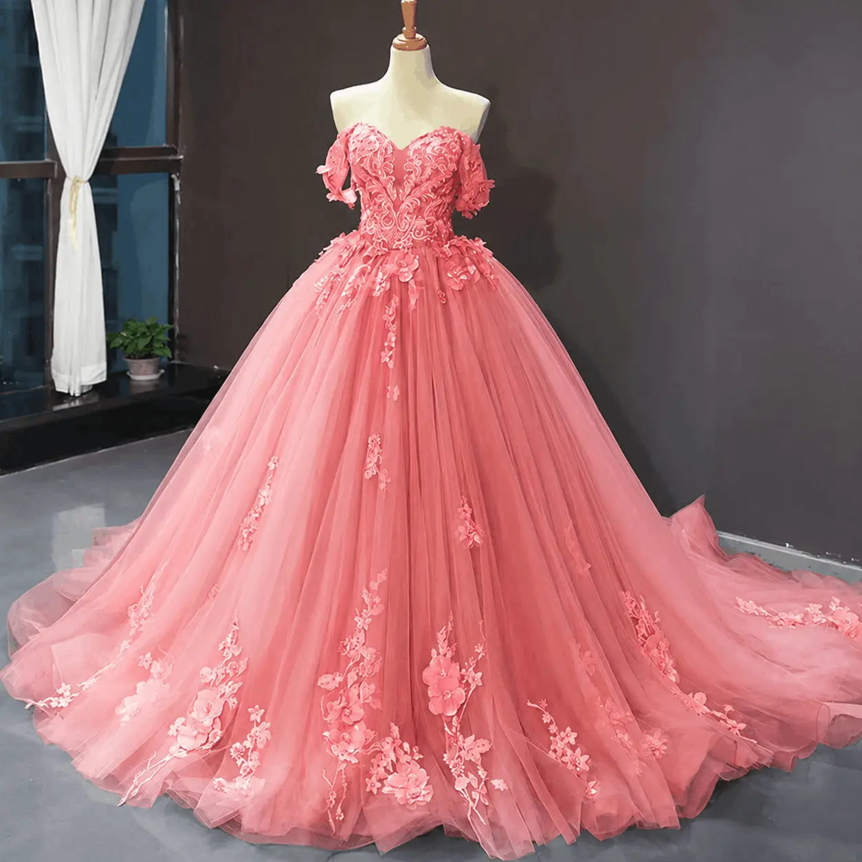A-Line Blue Tulle Quinceanera Dress Off Shoulder Lace Ball Gown Prom Dress KAIDRESS