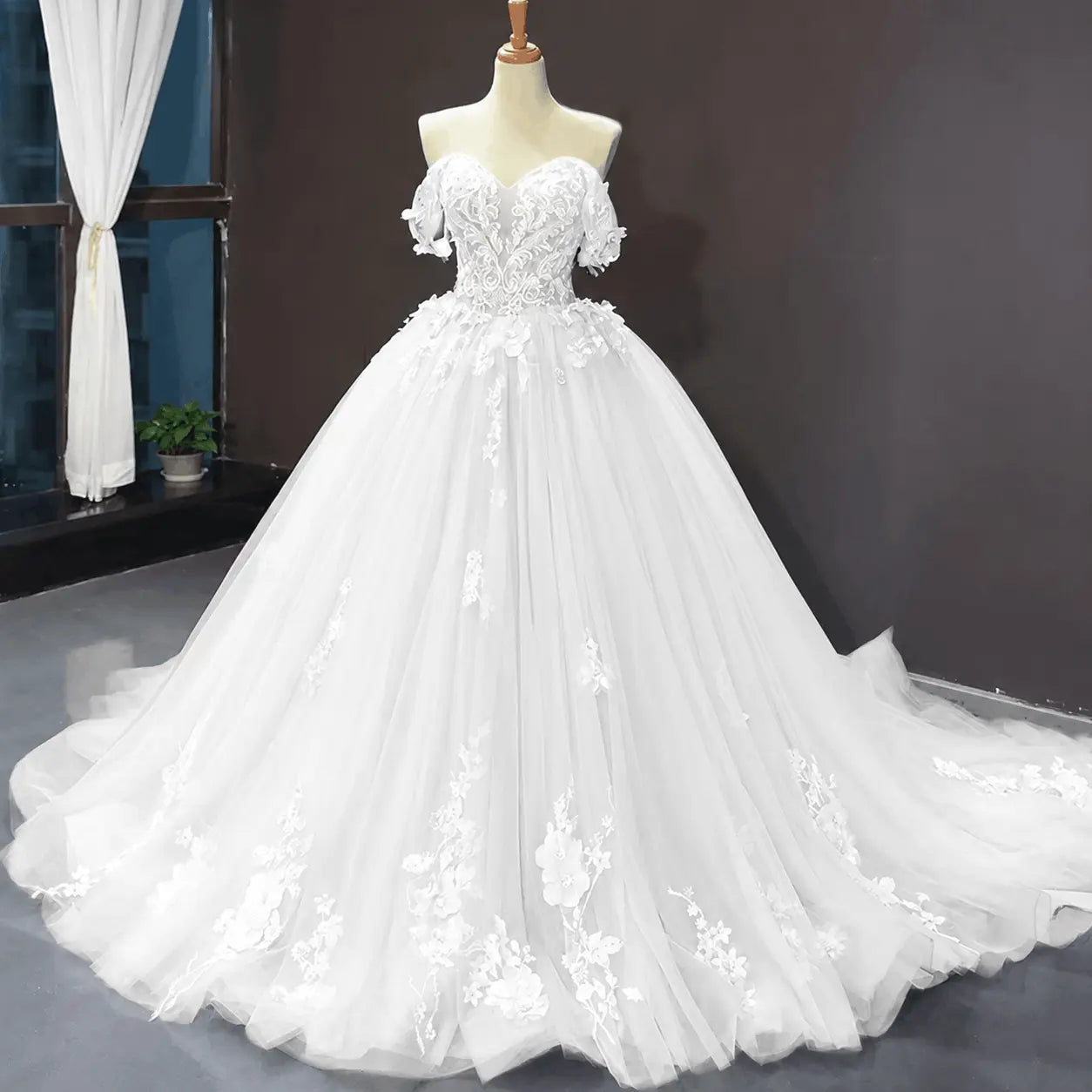 A-Line Blue Tulle Quinceanera Dress Off Shoulder Lace Ball Gown Prom Dress KAIDRESS