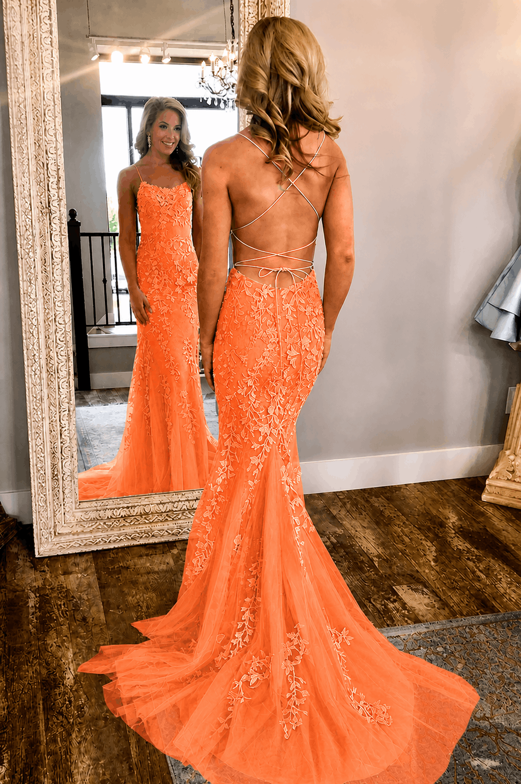 Sheath/Column Tulle Applique Prom Dresses Spaghetti Straps Sleeveless Long Formal Evening Gowns Kaidress
