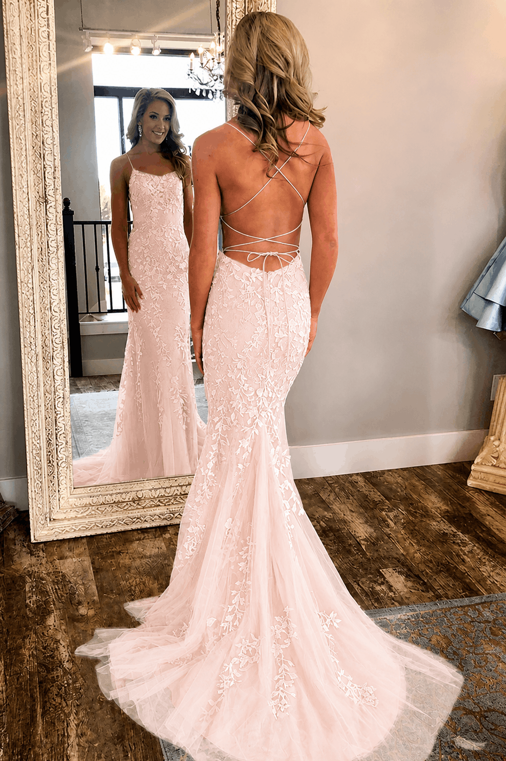 Sheath/Column Tulle Applique Prom Dresses Spaghetti Straps Sleeveless Long Formal Evening Gowns Kaidress