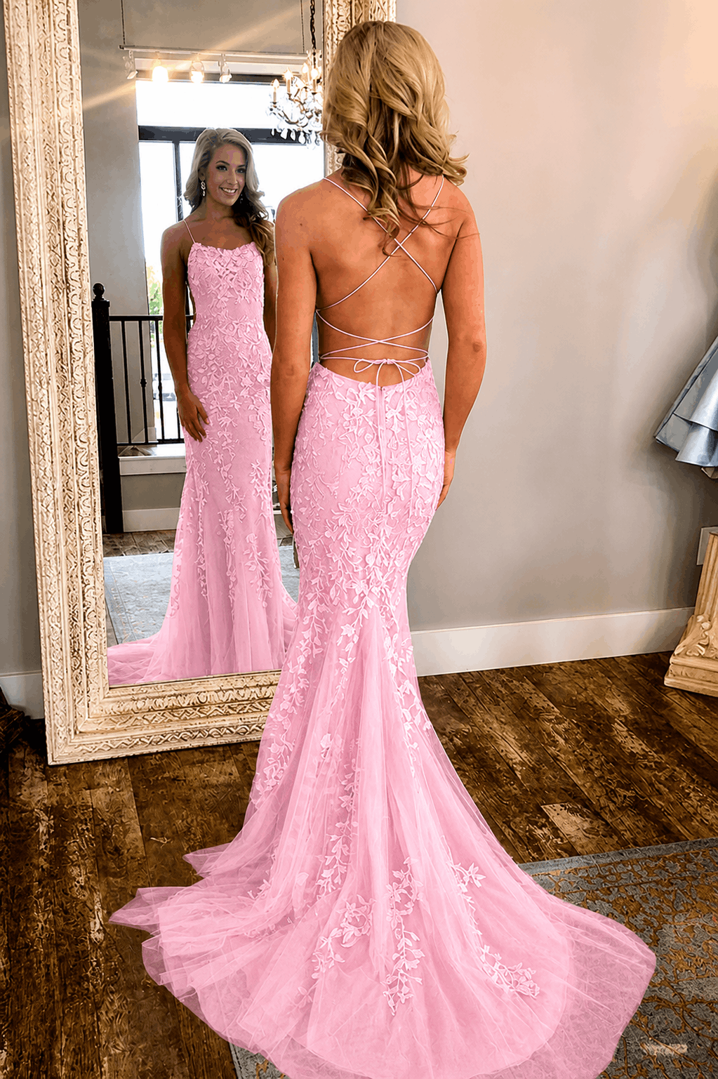 Sheath/Column Tulle Applique Prom Dresses Spaghetti Straps Sleeveless Long Formal Evening Gowns Kaidress