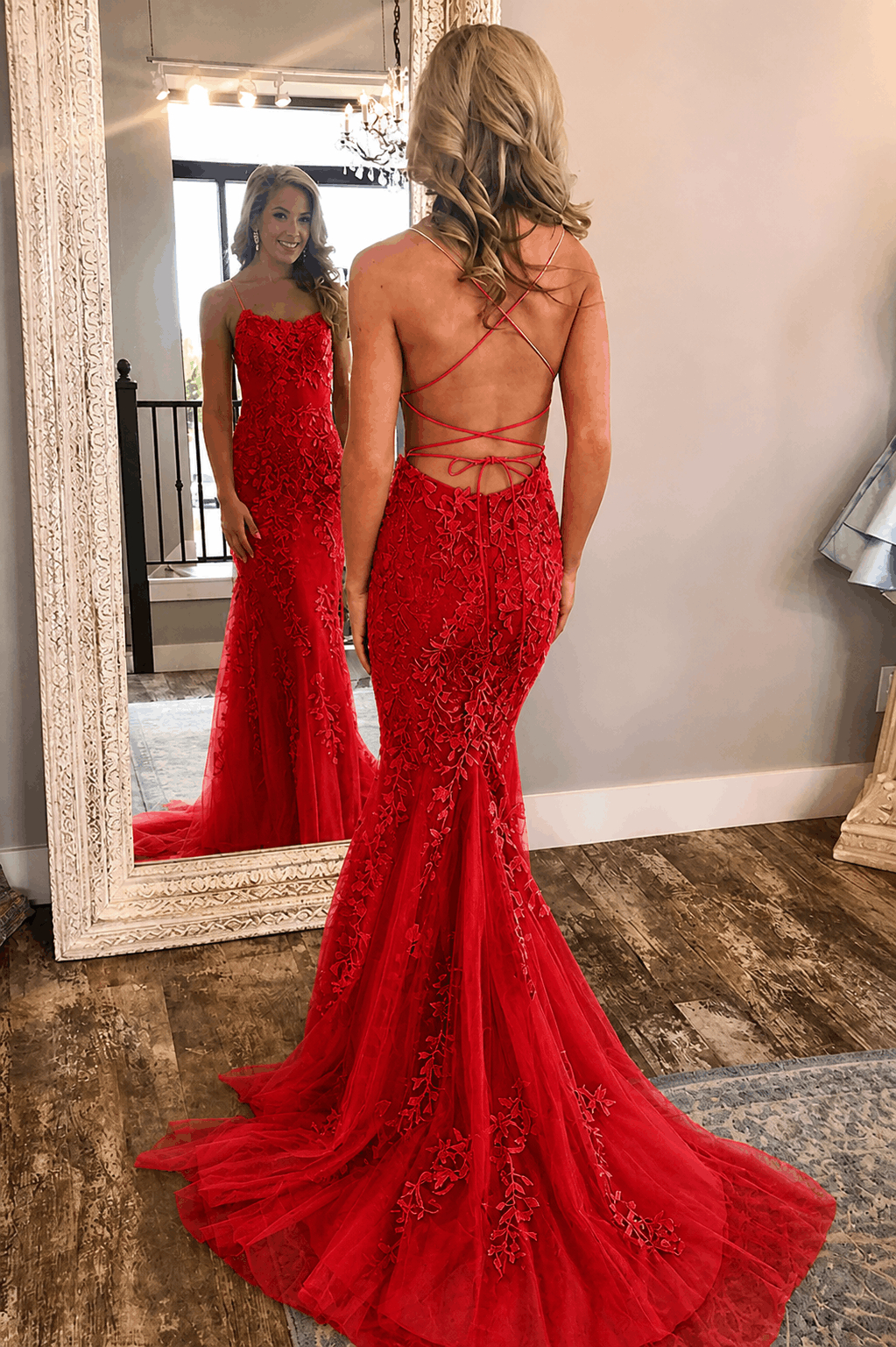 Sheath/Column Tulle Applique Prom Dresses Spaghetti Straps Sleeveless Long Formal Evening Gowns Kaidress