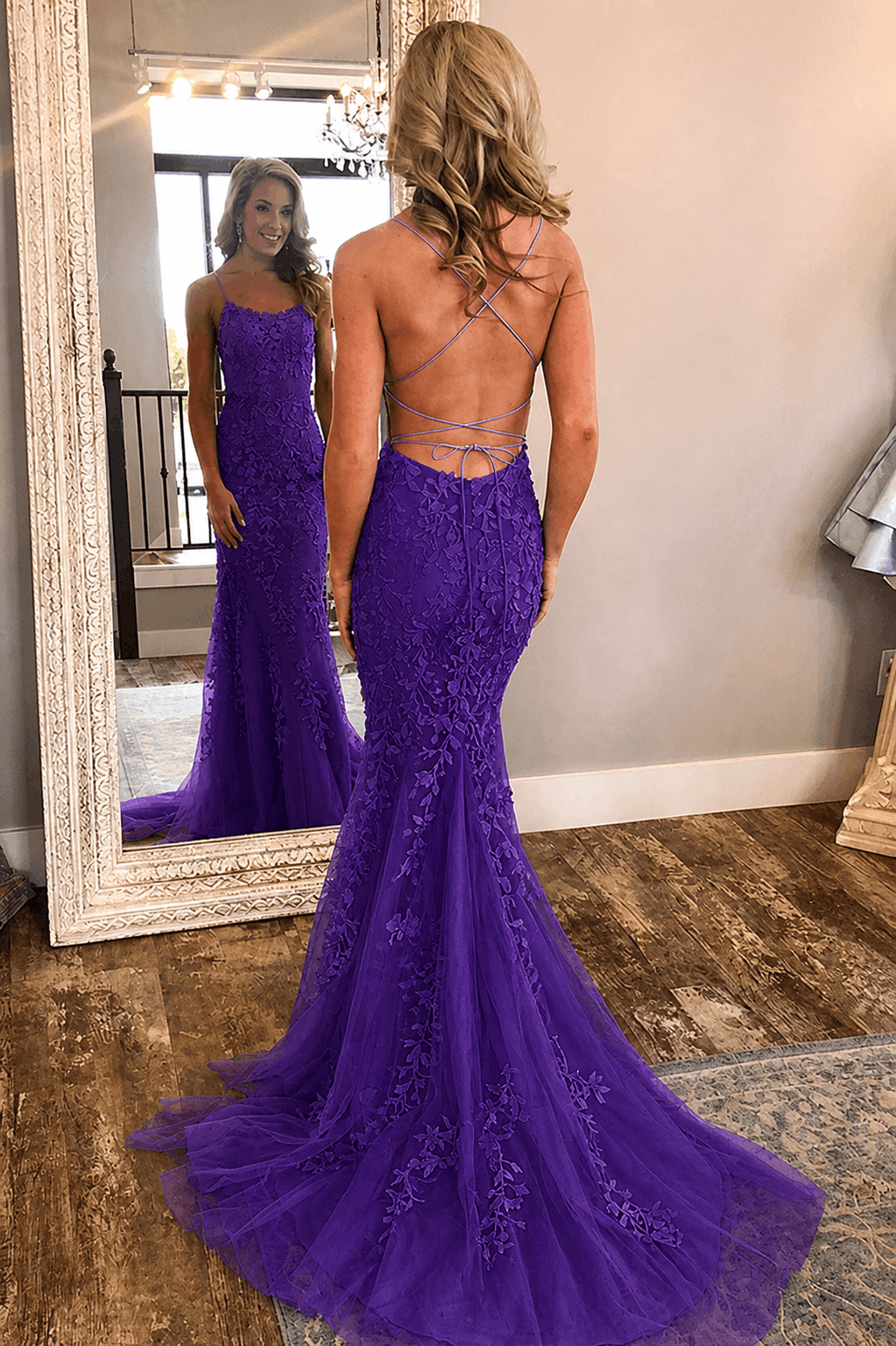 Sheath/Column Tulle Applique Prom Dresses Spaghetti Straps Sleeveless Long Formal Evening Gowns Kaidress