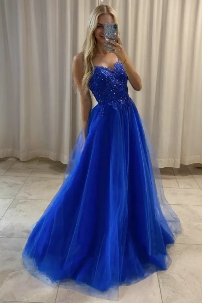 Tulle Royal Blue Formal Prom Dress Appliqued Halter Long Evening Gowns