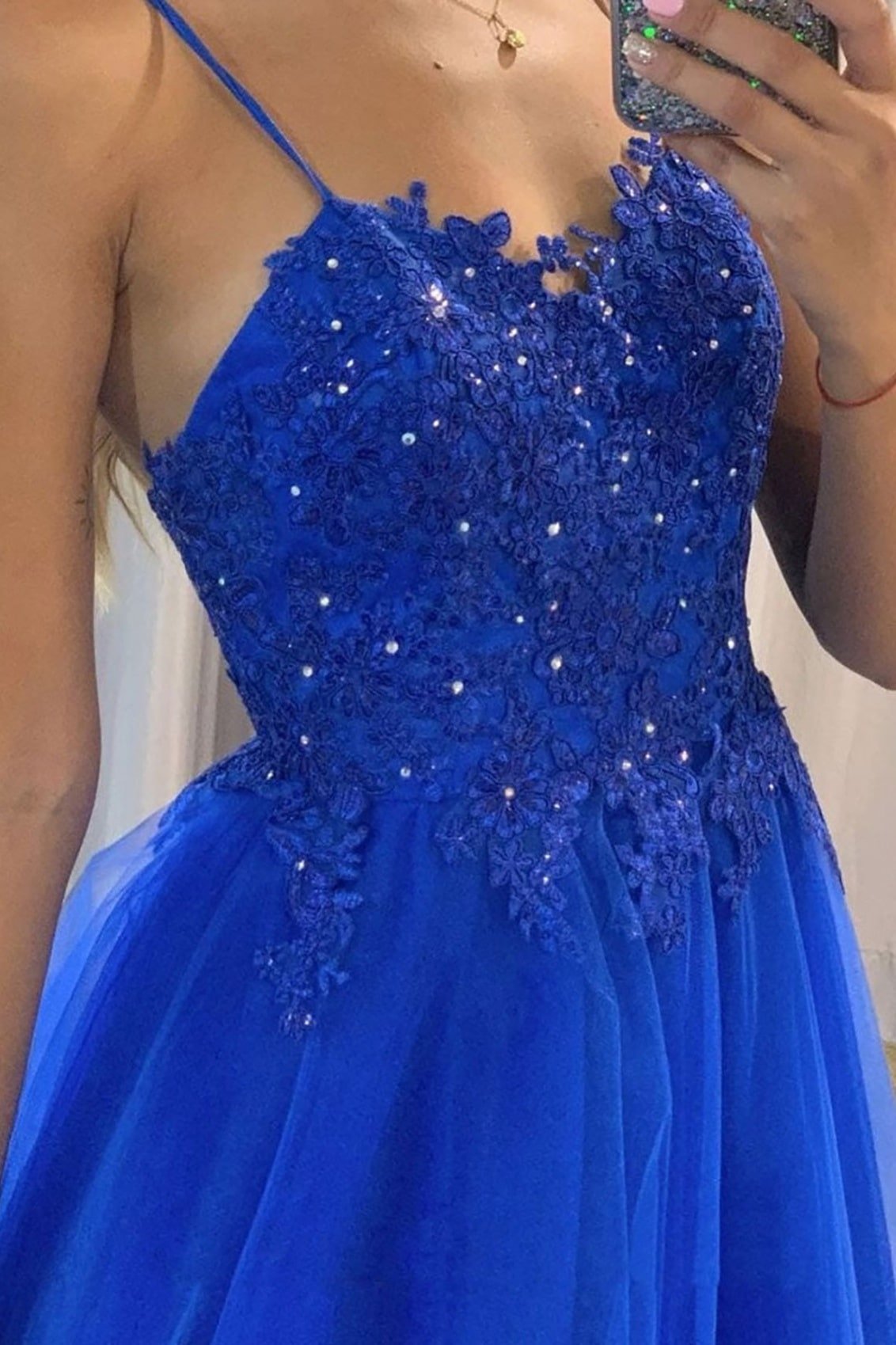 Tulle Royal Blue Formal Prom Dress Appliqued Halter Long Evening Gowns