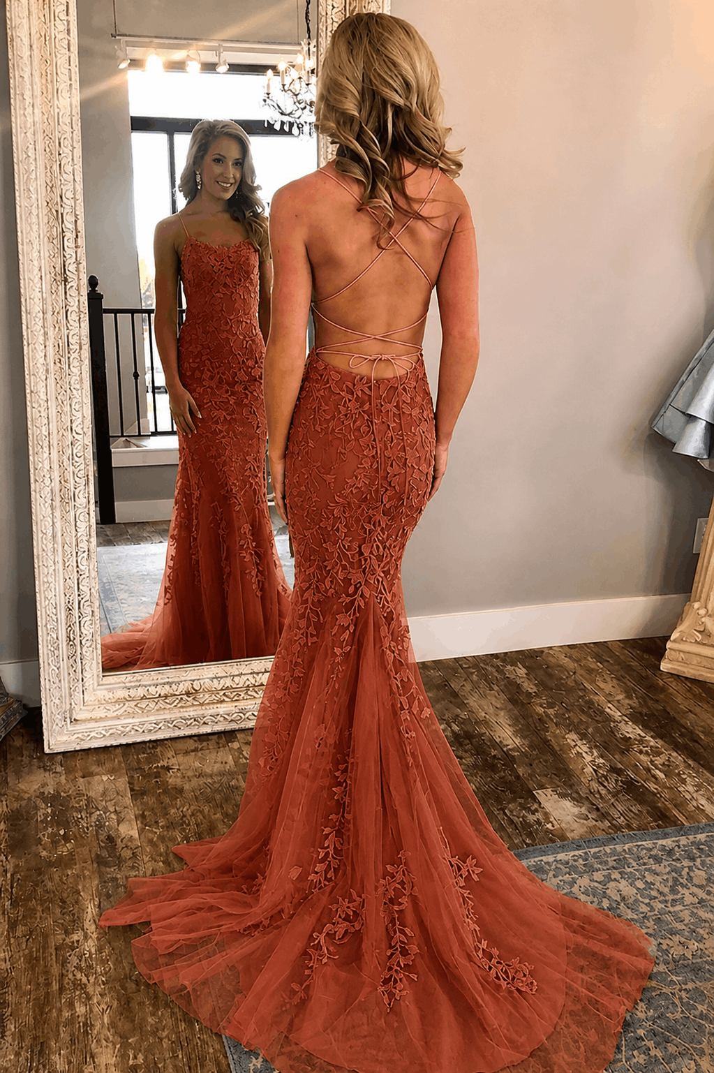 Sheath/Column Tulle Applique Prom Dresses Spaghetti Straps Sleeveless Long Formal Evening Gowns Kaidress