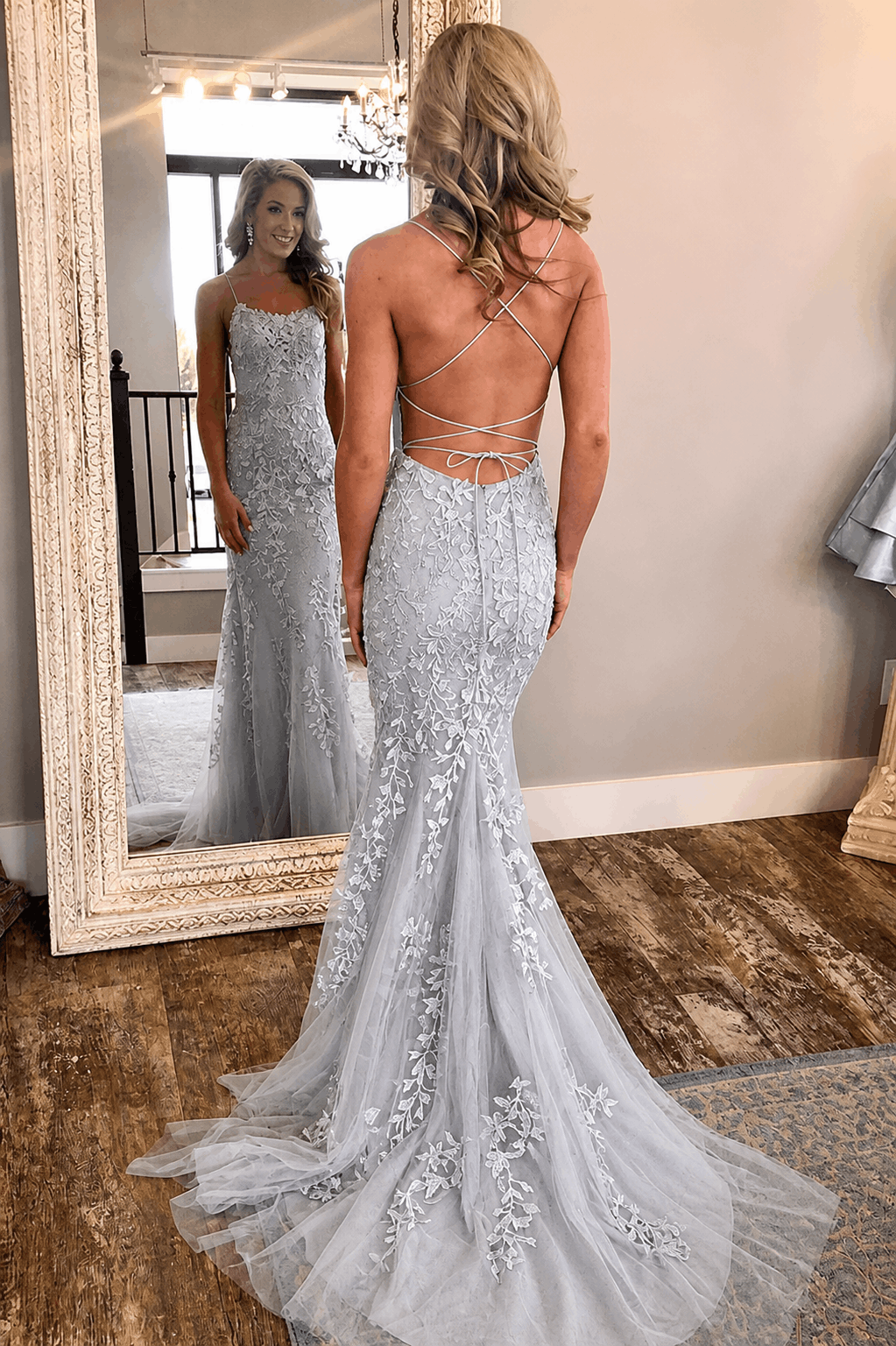 Sheath/Column Tulle Applique Prom Dresses Spaghetti Straps Sleeveless Long Formal Evening Gowns Kaidress