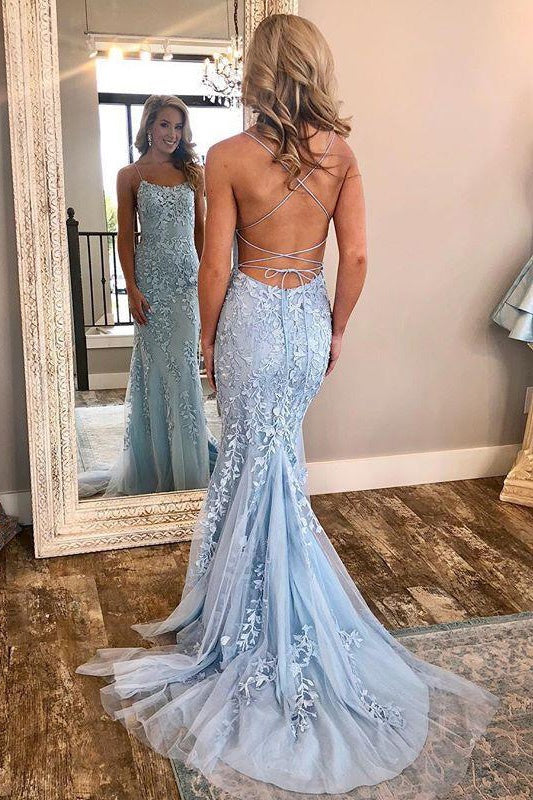 Tulle Sky Blue Lace Mermaid Prom Dress Long Spaghetti Straps Formal Evening Gowns