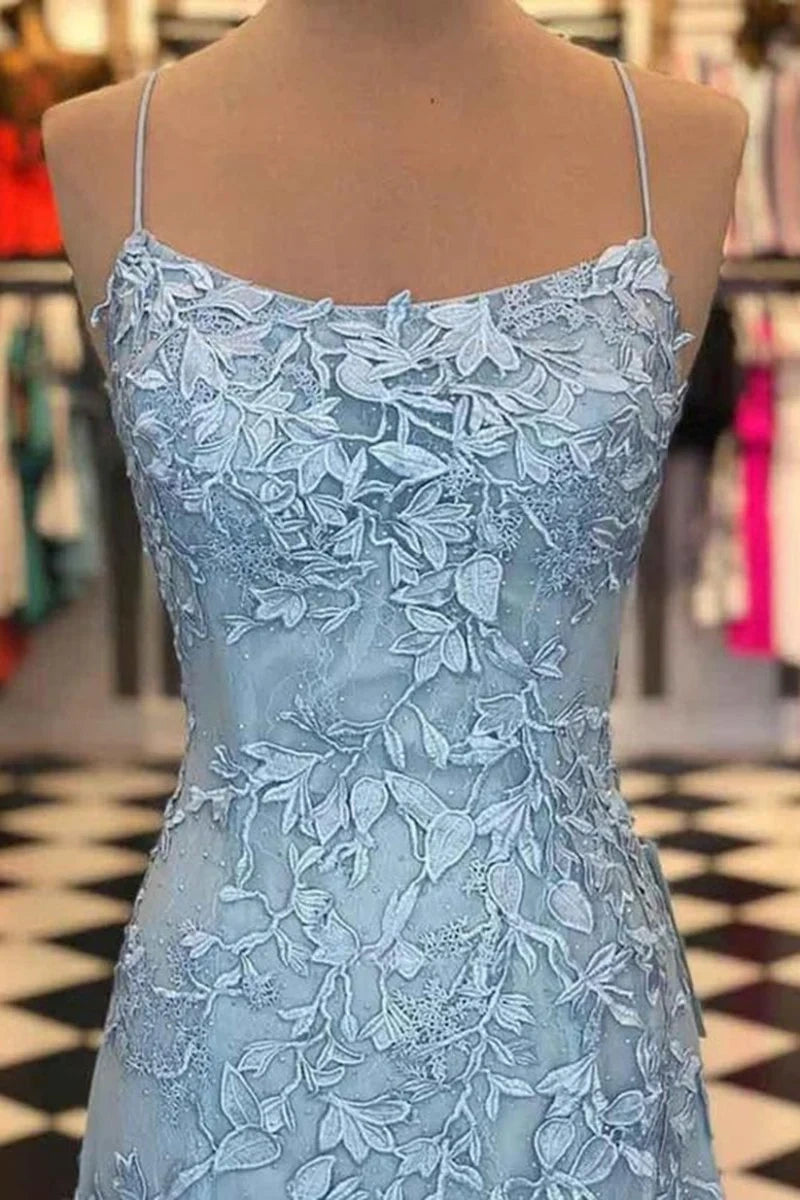 Sheath/Column Tulle Applique Prom Dresses Spaghetti Straps Sleeveless Long Formal Evening Gowns Kaidress