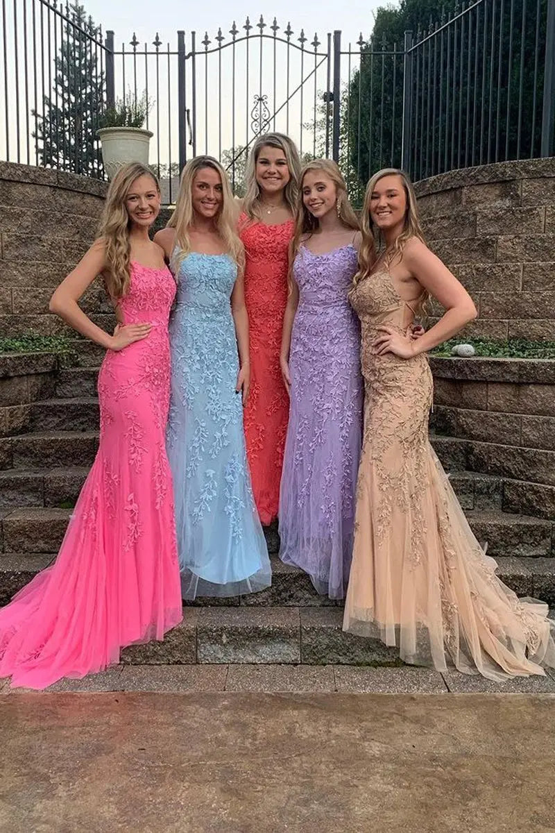 Sheath/Column Tulle Applique Prom Dresses Spaghetti Straps Sleeveless Long Formal Evening Gowns-0