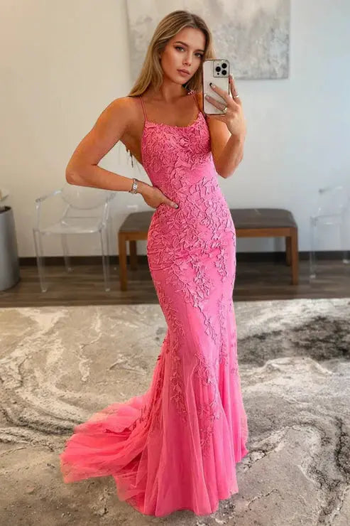 Sheath/Column Tulle Applique Prom Dresses Spaghetti Straps Sleeveless Long Formal Evening Gowns - KAIDRESS