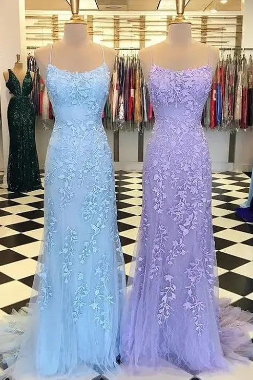 Sheath/Column Tulle Applique Prom Dresses Spaghetti Straps Sleeveless Long Formal Evening Gowns - KAIDRESS