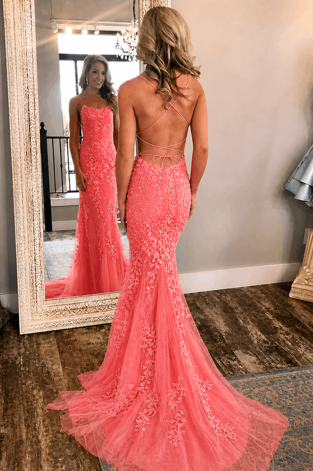 Sheath/Column Tulle Applique Prom Dresses Spaghetti Straps Sleeveless Long Formal Evening Gowns Kaidress