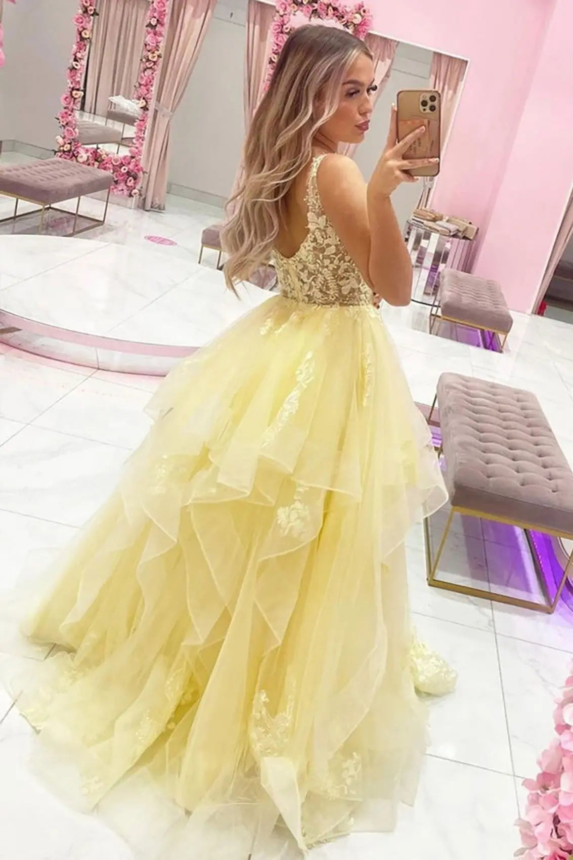Tulle Yellow Formal Prom Dresses Princess V-neck Long Evening Gowns