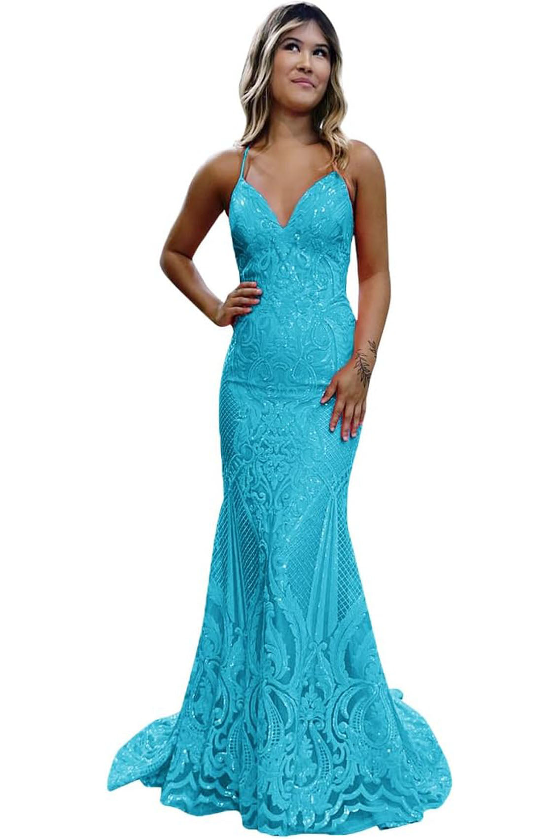 Trumpet/Mermaid V Neck Sleeveless Sweep Train Allover Sparkly Sequined Lace Prom Dress