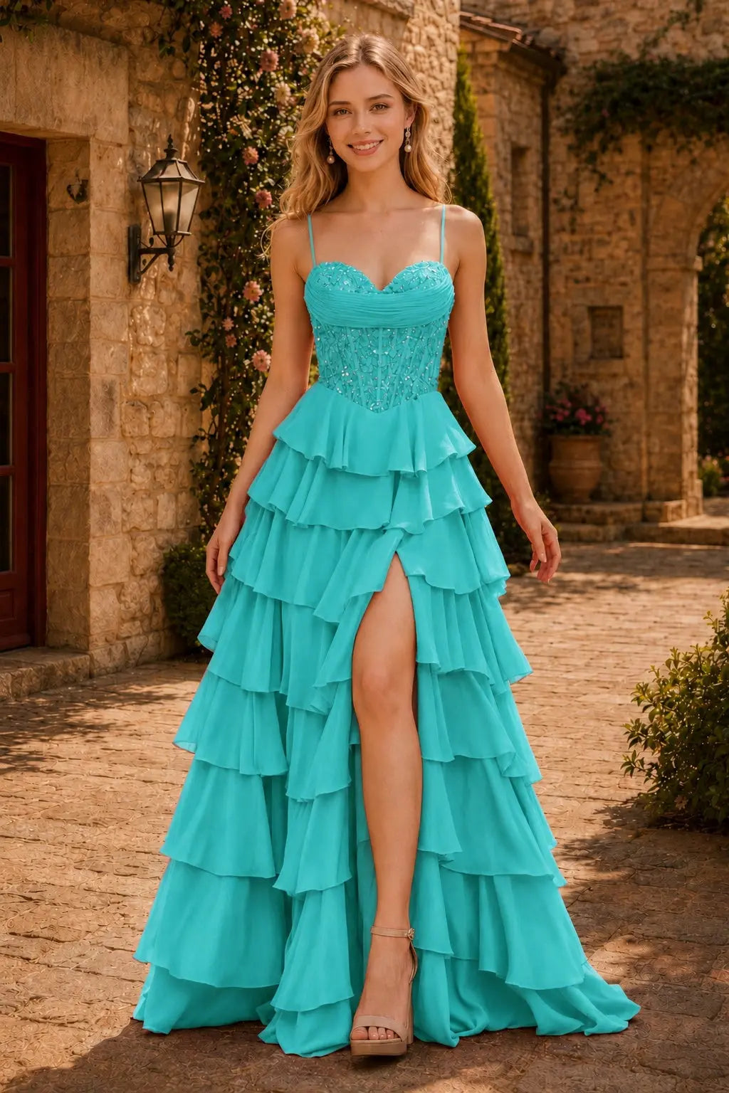Spaghetti Straps Sweetheart Embellished Corset Chiffon Slit Ruffle Prom Dress with Detachable Straps
