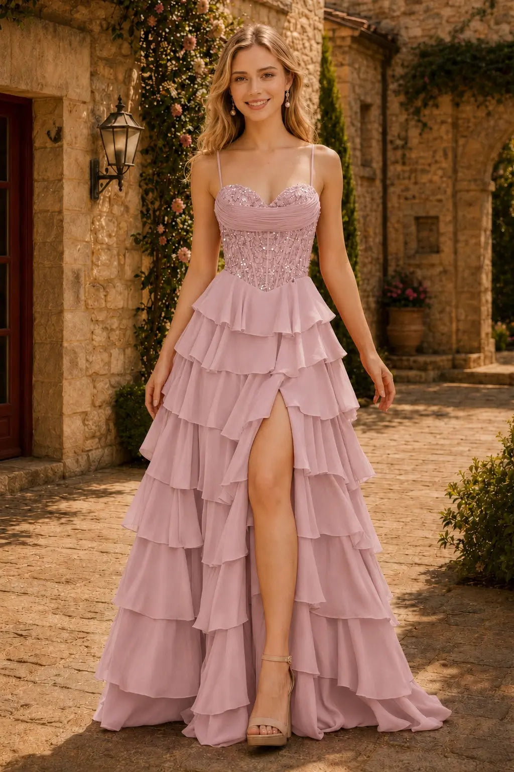 Spaghetti Straps Sweetheart Embellished Corset Chiffon Slit Ruffle Prom Dress with Detachable Straps