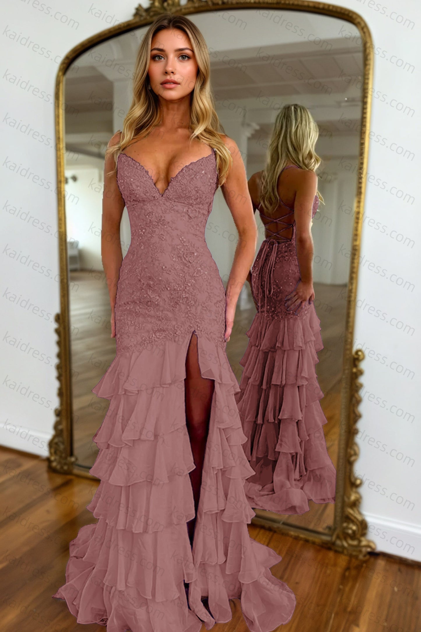 Mermaid Sparkly Lilac Lace Appliques Sheath Tiered Long Chiffon Prom Dress with Slit