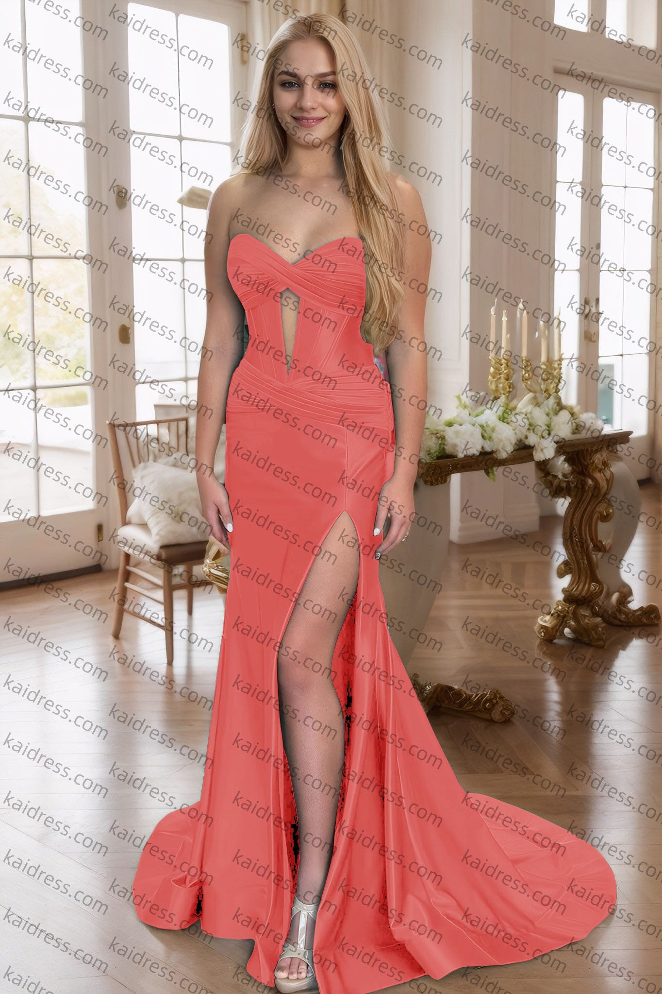 Green Silk Strapless Mermaid Prom Dresses Long Formal Evening Gown with Slit