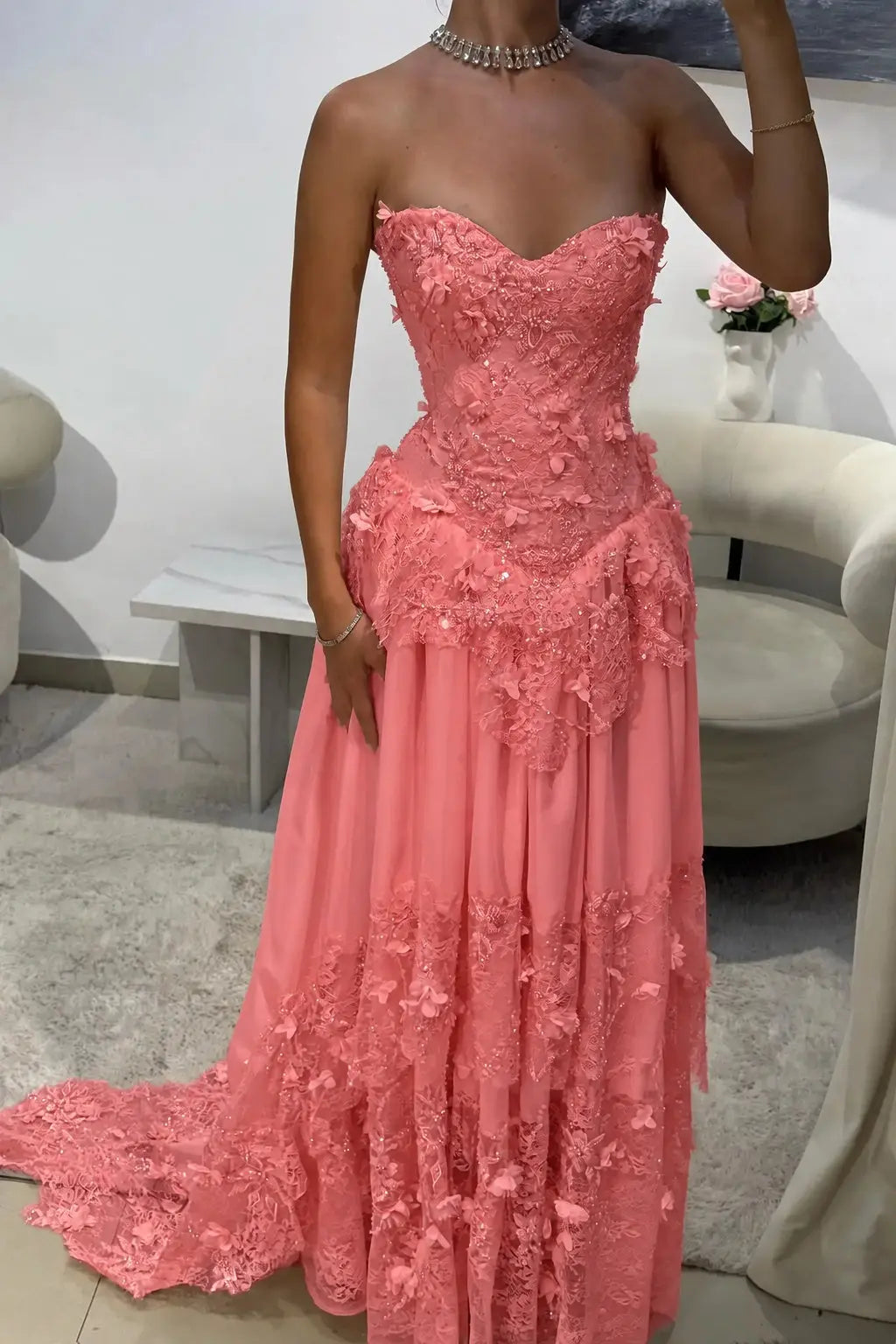 Dreamy Yellow 3D Floral Applique Sweetheart Corset Prom Dress