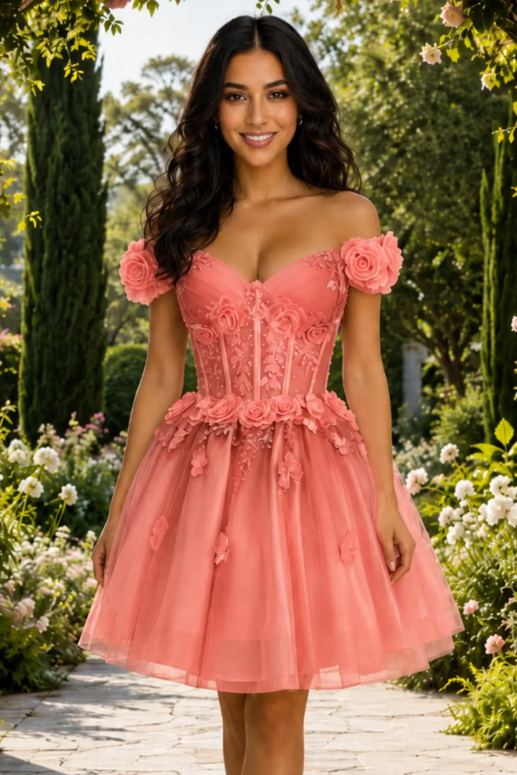 A-line Off-the-Shoulder Tulle Short/Mini Homecoming Dress with Appliqued Flowers Sequins KAIDRESS