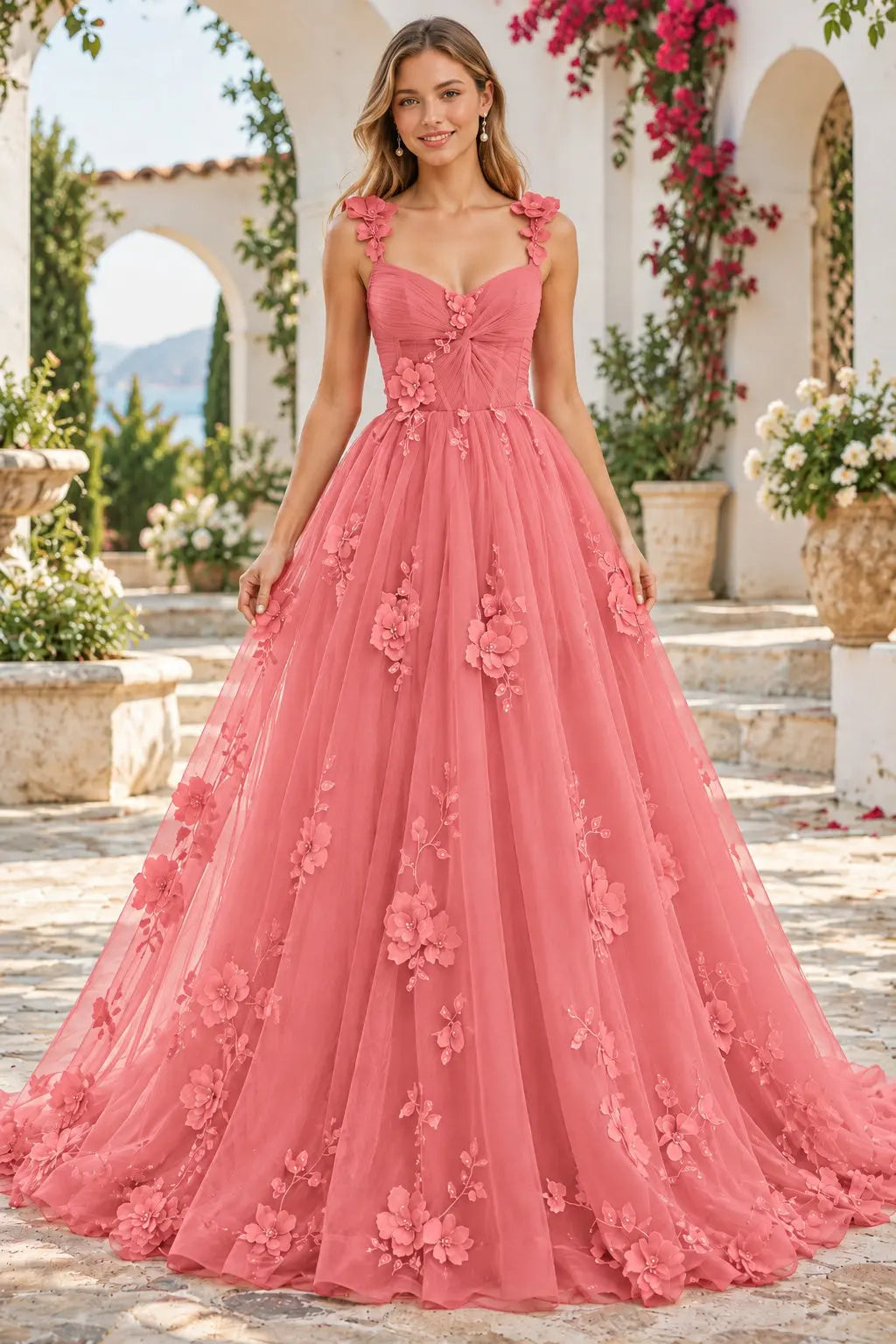 Red 3D Floral Tulle Prom Dress with Sweetheart Corset and Lace-Up Back