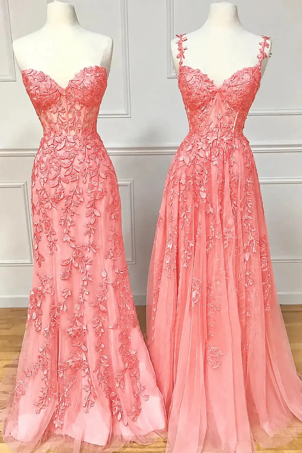 A-line Sweetheart Spaghetti Straps Sweep Train Lace Prom Dress With Beading Kaidress