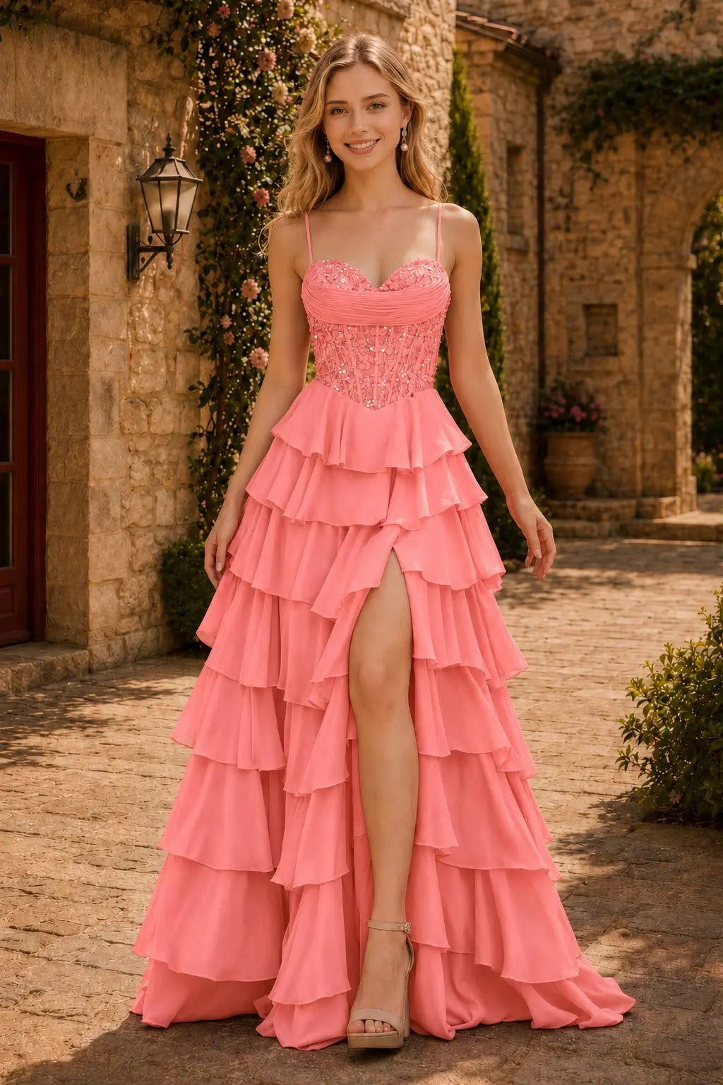 Spaghetti Straps Sweetheart Embellished Corset Chiffon Slit Ruffle Prom Dress with Detachable Straps