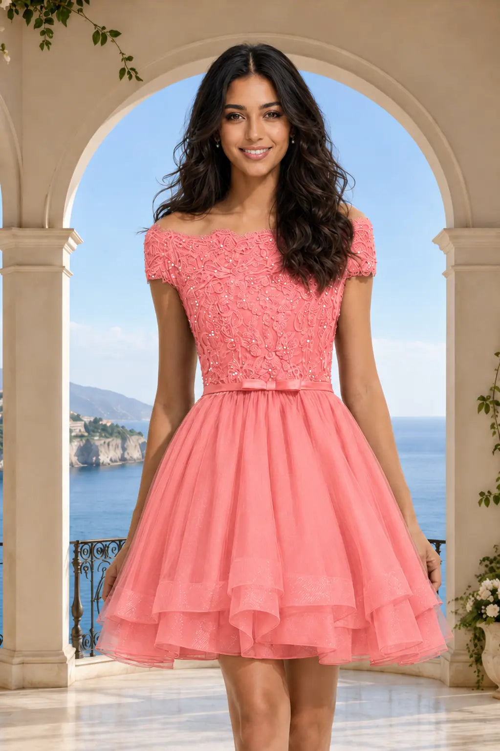 Burgundy Lace Off Shoulder A Line Short Homecoming Dress KAIDRESS