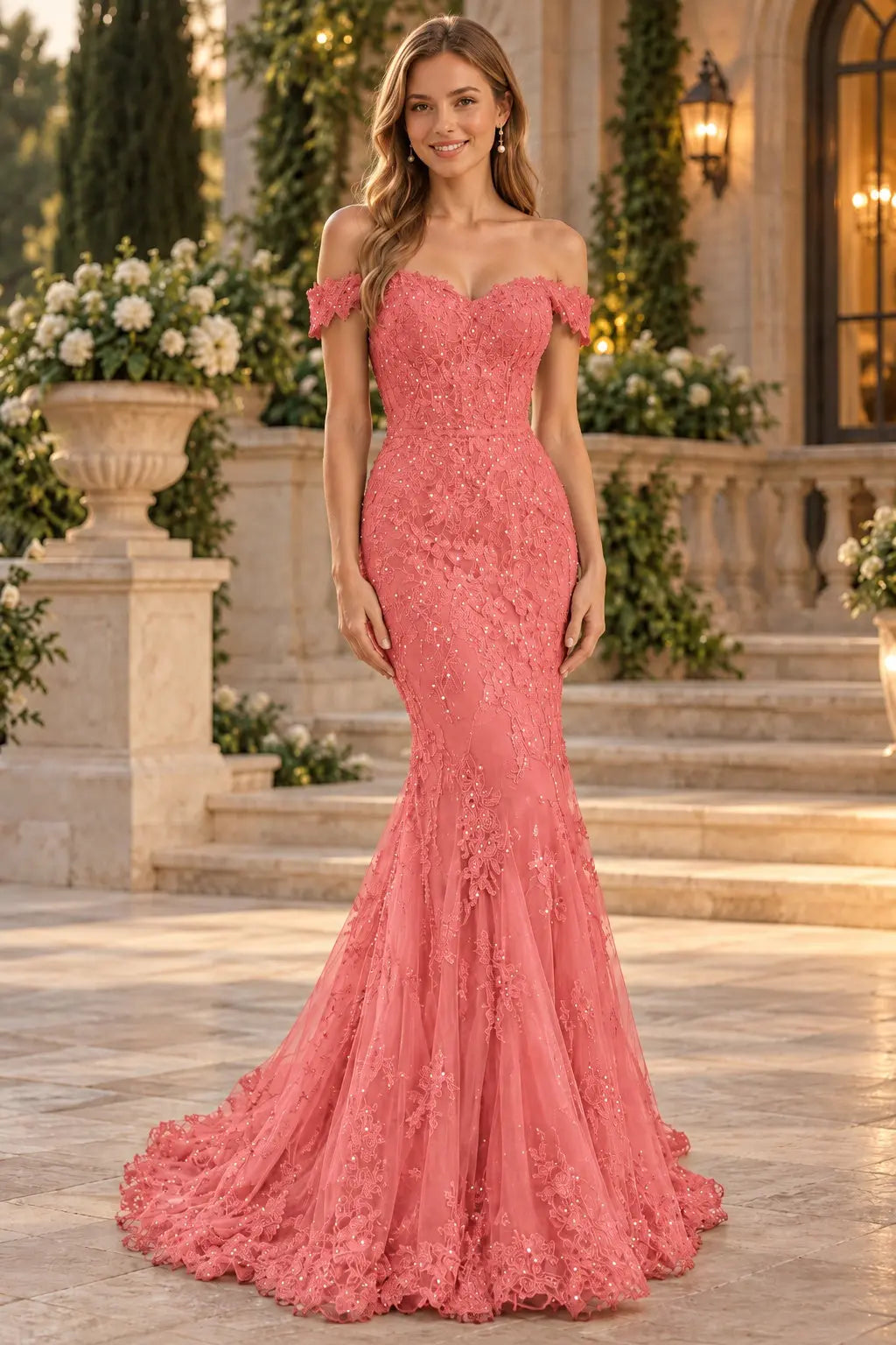 Lace Long/Floor-Length Trumpet/Mermaid Sleeveless Off-The-Shoulder Zipper Prom Dresses With Appliqued Beaded