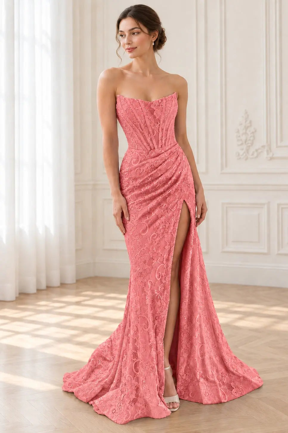Sheath/Column Off the Shoulder Sleeveless Prom Dresses Long Lace Formal Evening Gowns