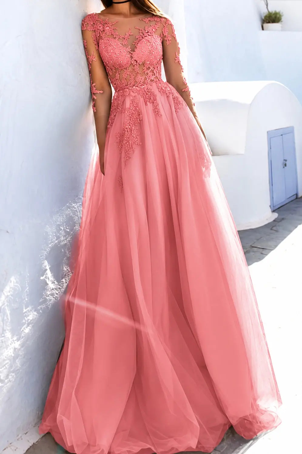 A-Line Scoop Long Sleeves Floor-Length With Applique Tulle Prom Dresses