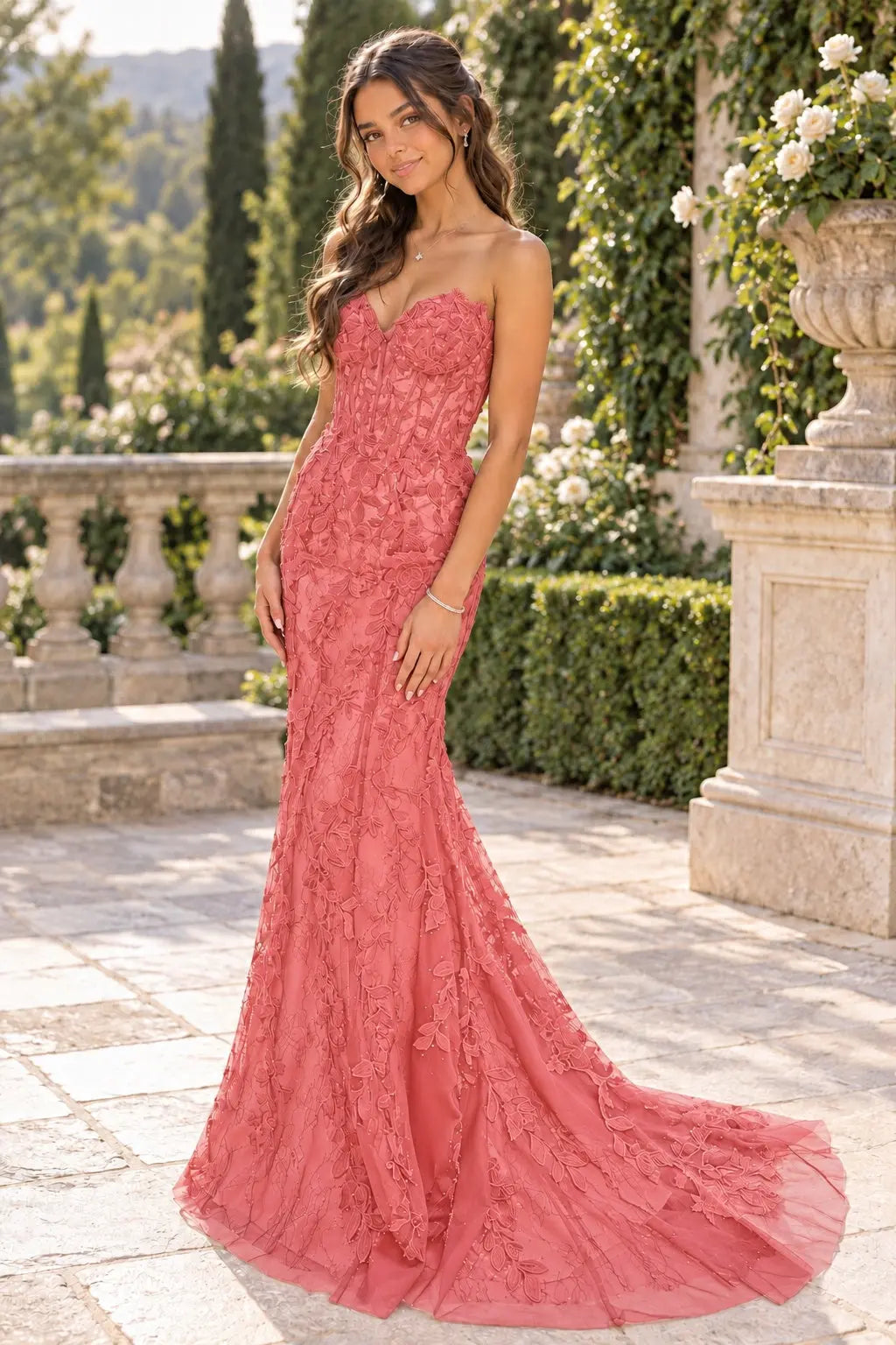 Trumpet/Mermaid Sleeveless Off-the-Shoulder Sweep/Brush Train Lace Tulle Prom Dresses