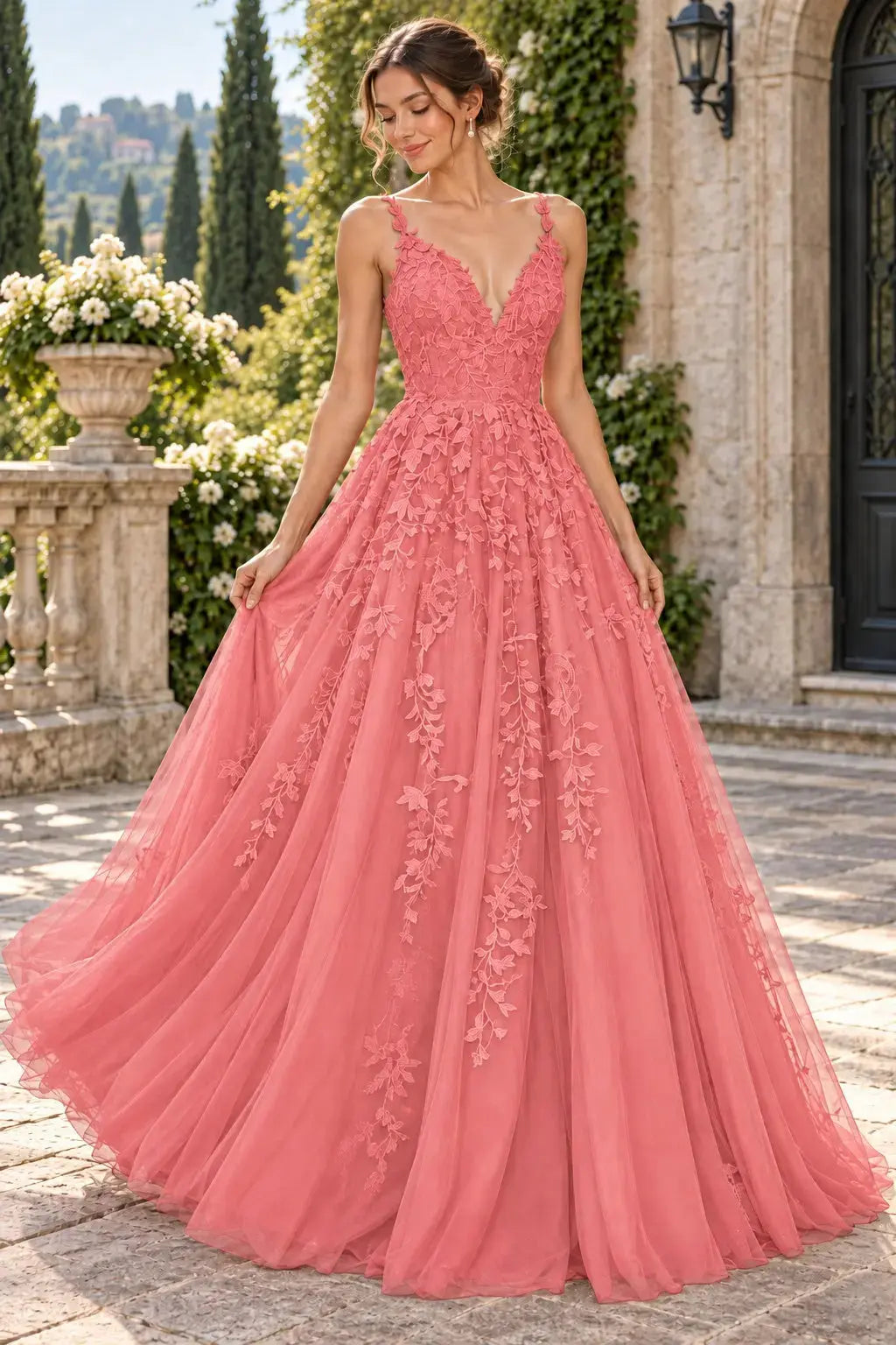 A-Line Lace Prom Dresses Long V Neck Sleeveless Formal Maxi Dress KAIDRESS