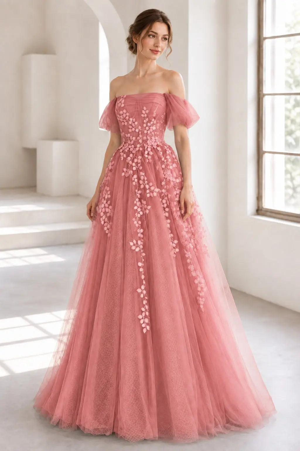 A-Line Tulle Lace Long Prom Dress Off the Shoulder Formal Evening Dress