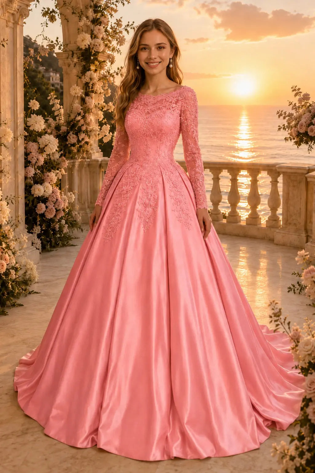 Ball Gown Long Sleeves Off-the-Shoulder Chapel Train Applique Satin Prom Dresses Kaidress