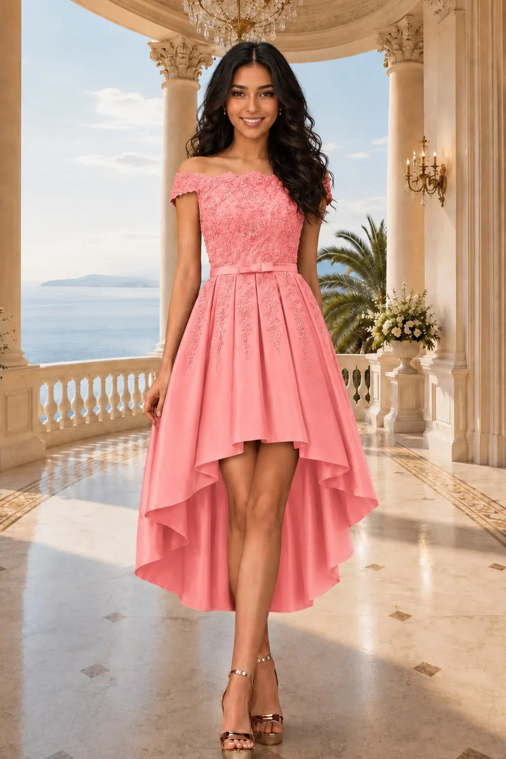 A-line Burgundy Satin Off the Shoulder A Line Strapless Lace Tulle Asymmetrical Dress With Pockets KAIDRESS