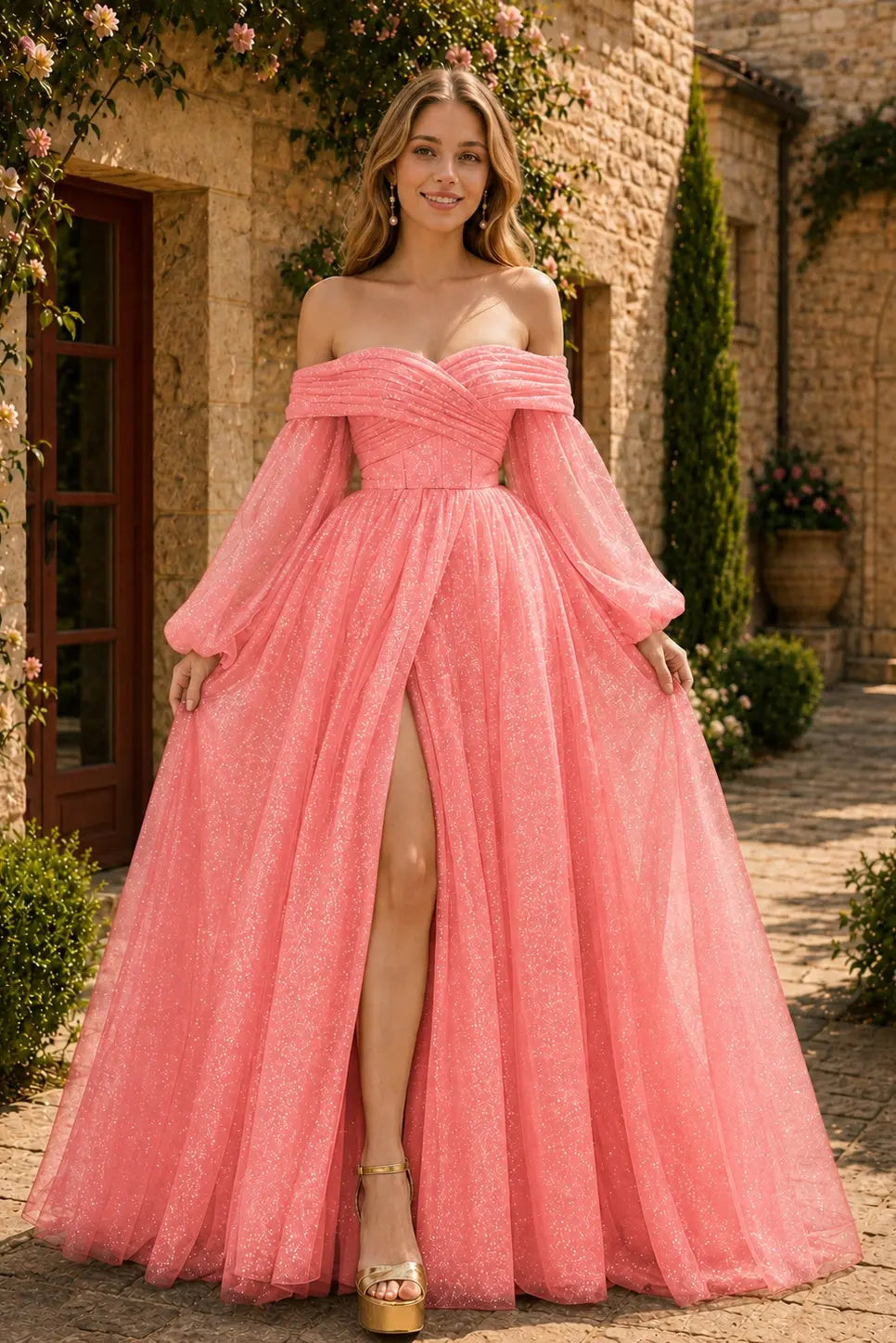 A-Line/Princess Tulle Ruched Long  Off-the-Shoulder Long Sleeves Prom Dresses Detachable Sleeves KAIDRESS
